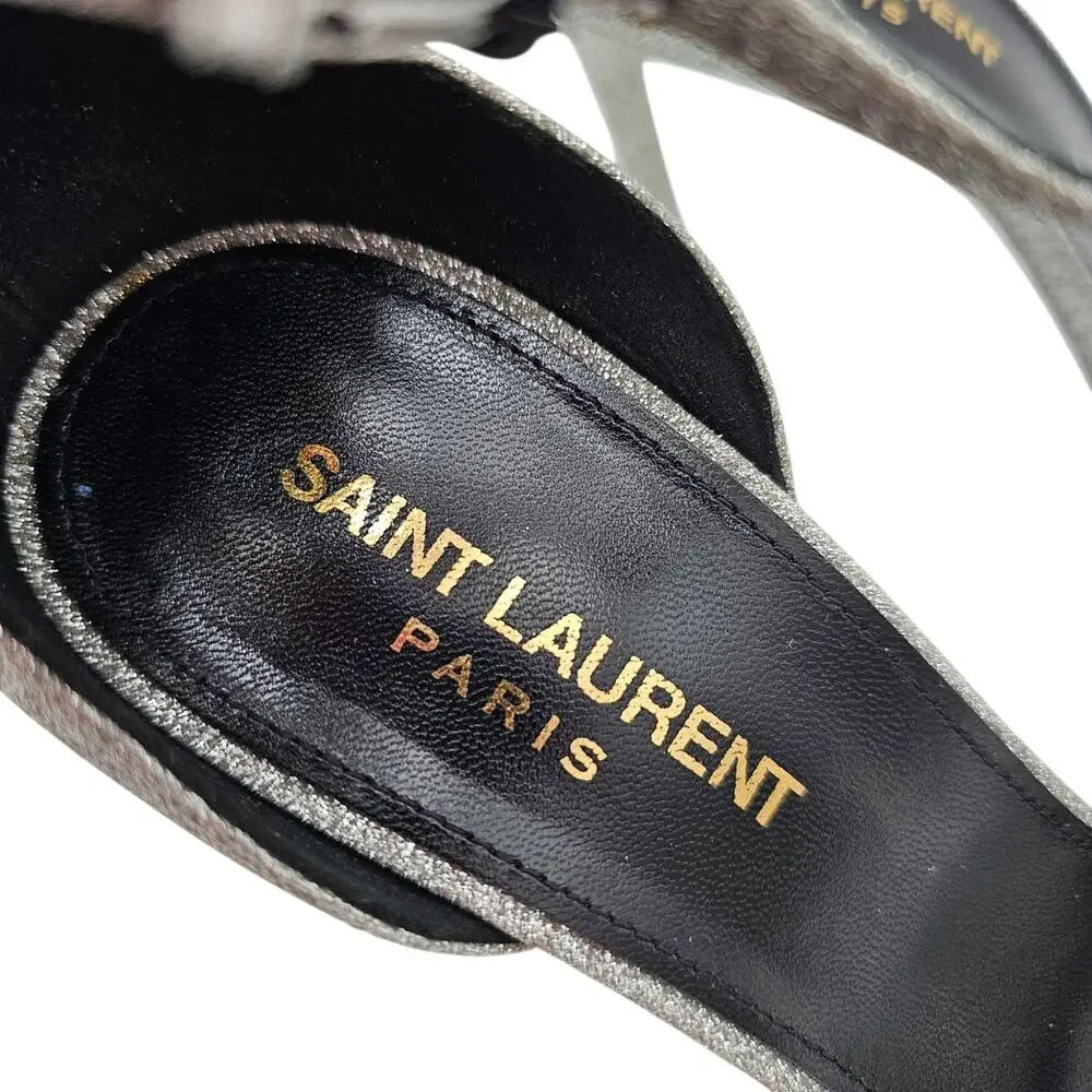 Saint Laurent Amber Stiletto Heel Sandal Silver Glitter Sparkle Size 38.5 US 8.5